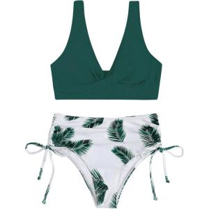 imageFloerns Womens 2 Piece Solid V Neck Bra and Tropical Print High Waist Bottoms Bikini Swimsuit SetDark Green