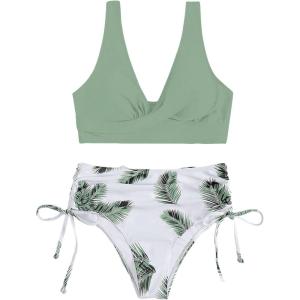 imageFloerns Womens 2 Piece Solid V Neck Bra and Tropical Print High Waist Bottoms Bikini Swimsuit SetGreen