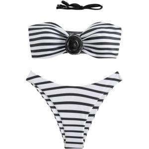 imageFloerns Womens 2 Piece Striped Floral Appliques Bandeau Swimsuit Bikini SetsBlack and White