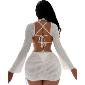 imageFloerns Womens 3 Piece Swimwear Sets Mesh Ring Linked Dress Halter Triangle Top with ThongsWhite