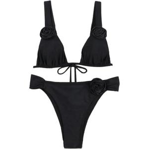 imageFloerns Womens Appliques Rose Underwired Knotted String Bra Bikini Set Thong SwimsuitsBlack