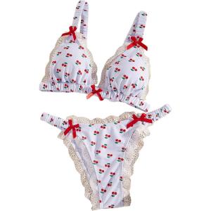 imageFloerns Womens Bikini Set Two Piece Cherry Print Lace Trim Triangle Bathing SuitWhite