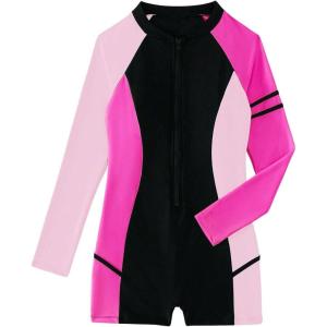 imageFloerns Womens Colorblock Long Sleeve Zip Up Rash Guard Surfing One Piece SwimsuitPink