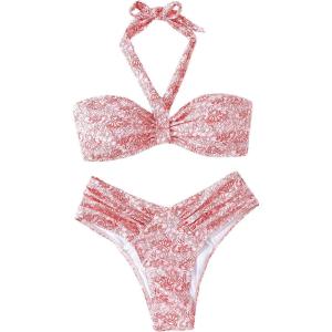 imageFloerns Womens Floral Print Bikini Set Halter Neck Tie Back Two Piece Bathing SuitPink