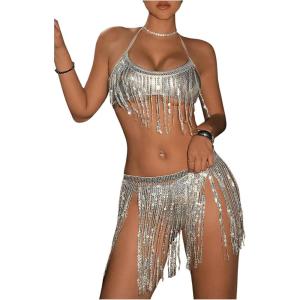 imageFloerns Womens Metallic Sparkly Bikini Set Halter Neck 3 Piece Bathing SuitSilver
