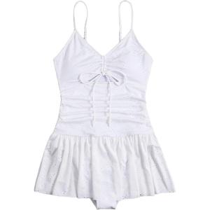 imageFloerns Womens One Piece Swimsuit Cut Out Drawstring Ruched Ruffle Trim MonokiniWhite