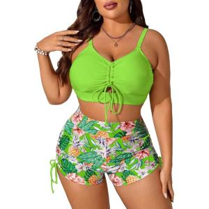 imageFloerns Womens Plus Size Floral Print High Waist Swim Shorts Bikini Swimsuit with DrawstringGreen
