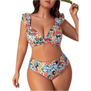 imageFloerns Womens Plus Size Floral Print Two Piece Bathing Suit Twist Front Bikini SetBlue Multi