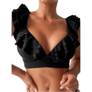 imageFloerns Womens Swimwear Ruffle Trim Bikini Top Bathing Suit Bikini BraletteBlack