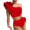imageFloerns Womens 2 Piece Bathing Suit Ruffle Trim One Shoulder Tankini SwimsuitRed
