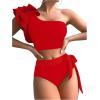 imageFloerns Womens 2 Piece Bathing Suit Ruffle Trim One Shoulder Tankini SwimsuitRed