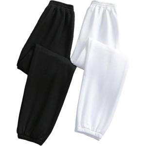 imageFloerns Girls 2 Pcs Elastic Waist Active Running Solid Jogger SweatpantsBlack and White