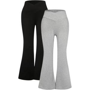 imageFloerns Girls 2 Pcs Flare Leg Pants Active High Waist Bell Bottom PantsBlack and Grey