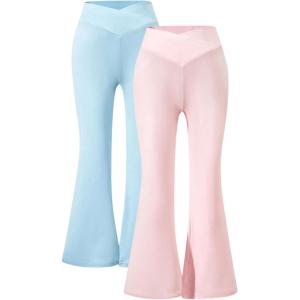 imageFloerns Girls 2 Pcs Flare Leg Pants Active High Waist Bell Bottom PantsBlue and Pink