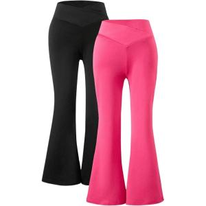 imageFloerns Girls 2 Pcs Flare Leg Pants Active High Waist Bell Bottom PantsHot Pink