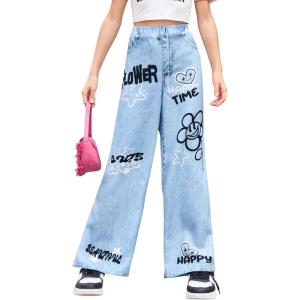 imageFloerns Girls Casual Letter Print Elastic Waist Wide Leg Long PantsBlue