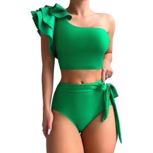 imageFloerns Womens 2 Piece Bathing Suit Ruffle Trim One Shoulder Tankini SwimsuitGreen