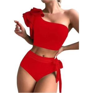 imageFloerns Womens 2 Piece Bathing Suit Ruffle Trim One Shoulder Tankini SwimsuitRed