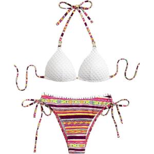 imageFloerns Womens 2 Piece Bathing Suit Striped Push Up Halter Tie Back Bikini Set White Multi Medium