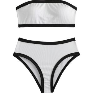 imageFloerns Womens 2 Piece Colorblock Strapless Tube Bra and Cheeky Bottoms Bikini Swimsuit Set Black and White Medium