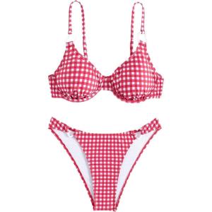 imageFloerns Womens 2 Piece Plaid Print String Underwire Triangle Swimsuit Bikini SetsPink