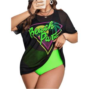 imageFloerns Womens Plus Size 3 Piece High Waist Bikini Swimsuit with Mesh Cover UpGreen