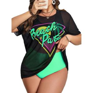 imageFloerns Womens Plus Size 3 Piece High Waist Bikini Swimsuit with Mesh Cover UpMint Green
