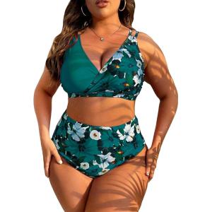 imageFloerns Womens Plus Size Bathing Suit Floral Print Asymmetrical Neck Bikini SetTeal Blue