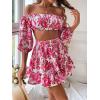 imageFloerns Womens 2 Piece Outfit Floral Off Shoulder Crop Top and Ruffle Skirt SetPink