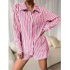 imageFloerns Womens 2 Piece Outfit Striped Long Sleeve Blouse Top with Shorts SetHot Pink White