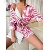 imageFloerns Womens 2 Piece Outfit Striped Long Sleeve Blouse Top with Shorts SetHot Pink White