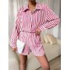 imageFloerns Womens 2 Piece Outfit Striped Long Sleeve Blouse Top with Shorts SetHot Pink White
