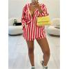 imageFloerns Womens 2 Piece Outfit Striped Long Sleeve Blouse Top with Shorts SetPink and Khaki