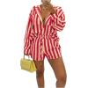 imageFloerns Womens 2 Piece Outfit Striped Long Sleeve Blouse Top with Shorts SetPink and Khaki
