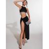 imageFloerns Womens 2 Piece Party Outfit Rhinestone Fringe Trim Tank Top Slit Skirt SetBlack