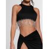 imageFloerns Womens 2 Piece Party Outfit Rhinestone Fringe Trim Tank Top Slit Skirt SetBlack