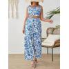 imageFloerns Womens Plus Size Floral Tie Shoulder Crop Tops Wide Leg Pants 2 Piece Summer SetsBlue Floral Plus