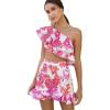 imageFloerns Womens 2 Piece Outfit One Shoulder Crop Top with Ruffle Trim Skirt SetPink Print