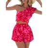 imageFloerns Womens 2 Piece Outfit Ruffle Trim One Shoulder Crop Top with Shorts SetA Pink