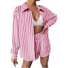 imageFloerns Womens 2 Piece Outfit Striped Long Sleeve Blouse Top with Shorts SetHot Pink White