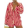 imageFloerns Womens 2 Piece Outfit Striped Long Sleeve Blouse Top with Shorts SetPink and Khaki