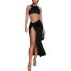 imageFloerns Womens 2 Piece Party Outfit Rhinestone Fringe Trim Tank Top Slit Skirt SetBlack