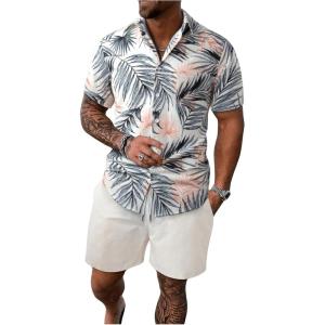 imageFloerns Mens 2 Piece Outfit Hawaiian Button Down Shirts and Shorts SetGrey Multi