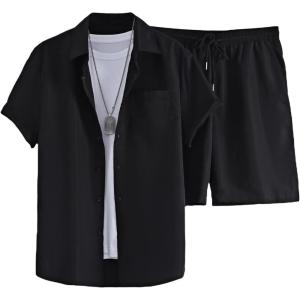 imageFloerns Mens 2 Piece Outfit Short Sleeve Shirt Blouse and Drawstring Shorts SetSolid Black