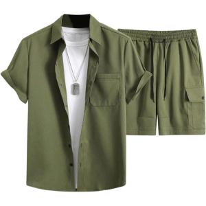 imageFloerns Mens 2 Piece Outfit Short Sleeve Shirt Blouse and Drawstring Shorts SetSolid Green