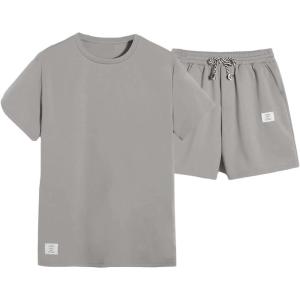 imageFloerns Mens 2 Piece Outfit Short Sleeve T Shirt Drawstring Track Shorts SetGrey