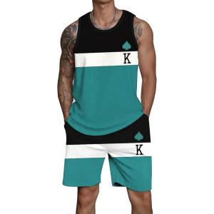imageFloerns Mens 2 Piece Outfit Sleeveless Colorblock Tank Drawstring Waist Shorts SetGreen