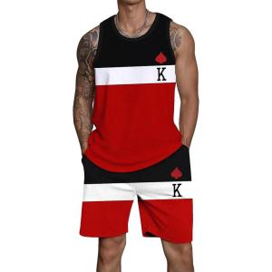 imageFloerns Mens 2 Piece Outfit Sleeveless Colorblock Tank Drawstring Waist Shorts SetRed