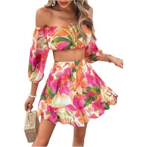 imageFloerns Womens 2 Piece Outfit Floral Off Shoulder Crop Top and Ruffle Skirt SetYellow