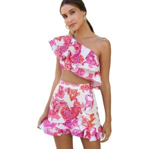 imageFloerns Womens 2 Piece Outfit One Shoulder Crop Top with Ruffle Trim Skirt SetPink Print